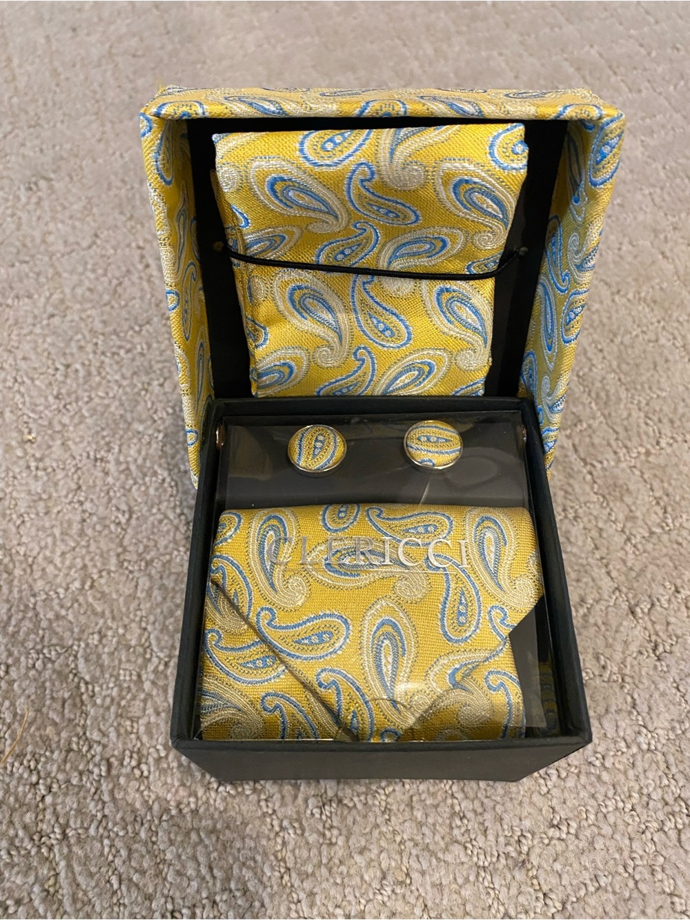 Men's Yellow Paisley Cufflinks and Pocket Square Set